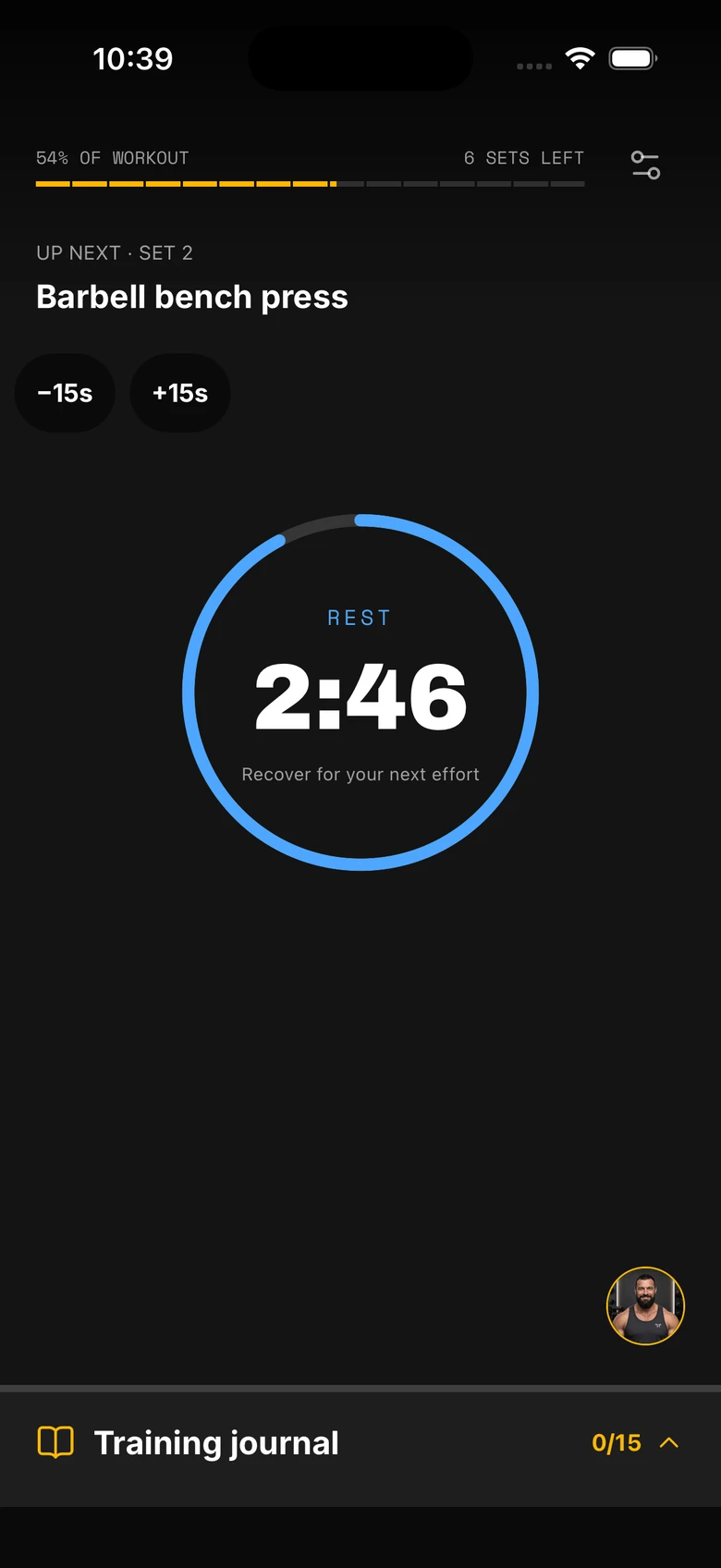 Monumental’s real workout player showing the rest countdown before the next bench-press set